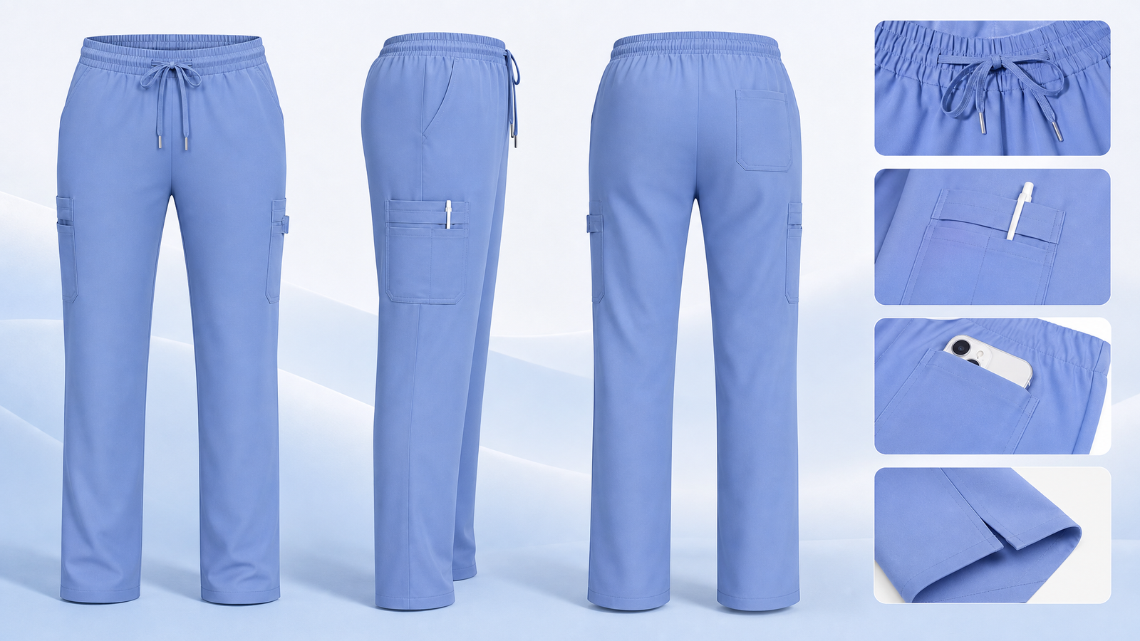 Custom medical scrub pants with elastic drawstring waist, cargo pockets, front, side and back views