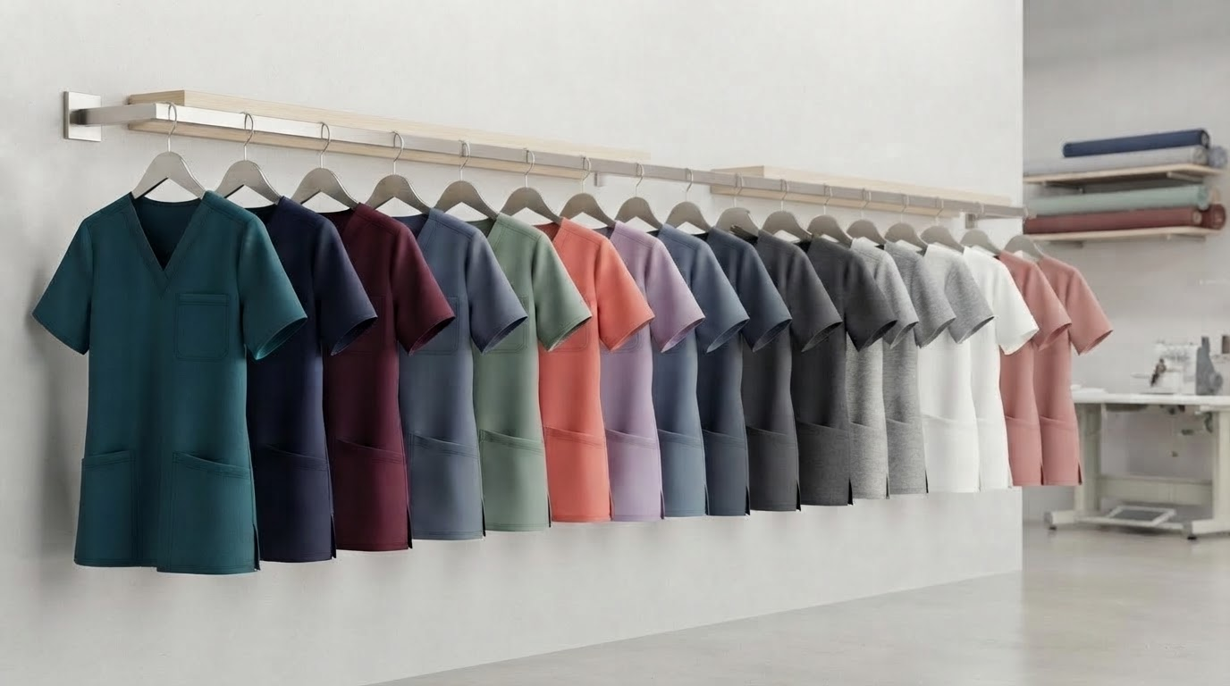 Custom scrub tops manufacturer displaying OEM and private label scrub top colors