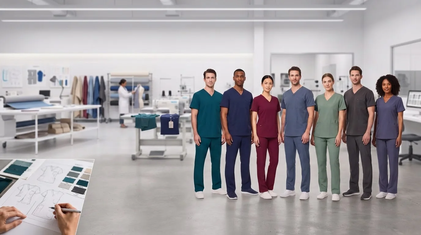 Custom scrub sets manufacturer displaying private label uniform collection in garment development studio
