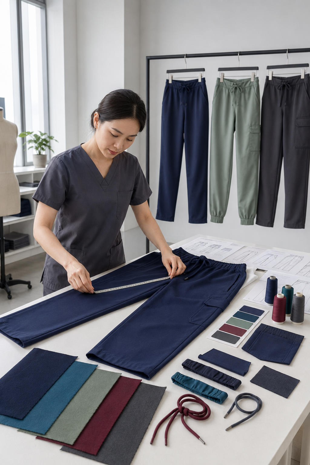 Custom scrub pants manufacturer measuring private label medical uniform pants for wholesale production